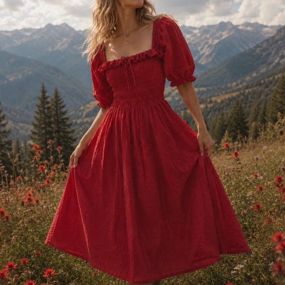 Milkmaid Smocked Puff Sleeve Red Maxi Dress Small Cottage Boho Romantic Prairie